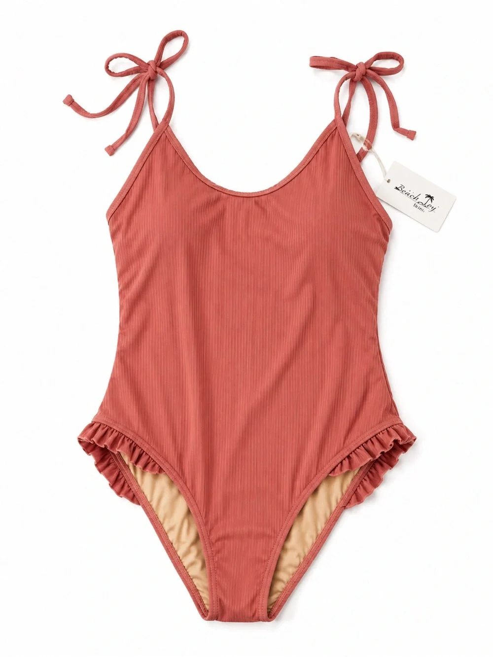 BeachJoy Ribbed One Piece Swimsuit Pink Ruffle Tie Strap Women’s Size L NWT